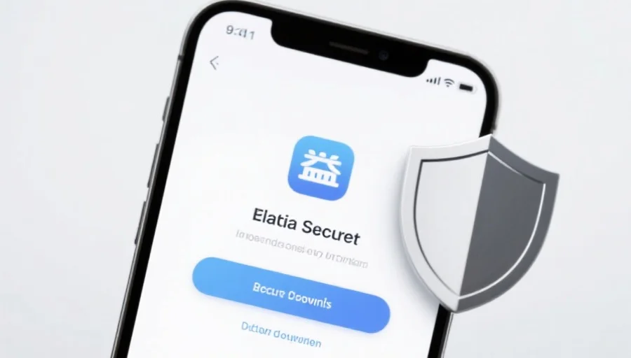 一部现代智能手机屏幕上显示众腾应用的安全下载界面，旁边有安全盾牌图标，背景简洁